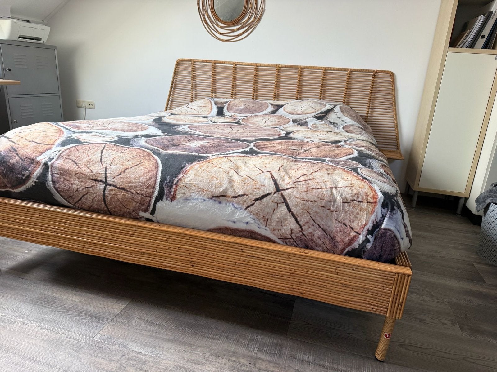 Rotan tweepersoonsbed met lattenbodem, Ophalen, Overige materialen, Gebruikt, Bruin