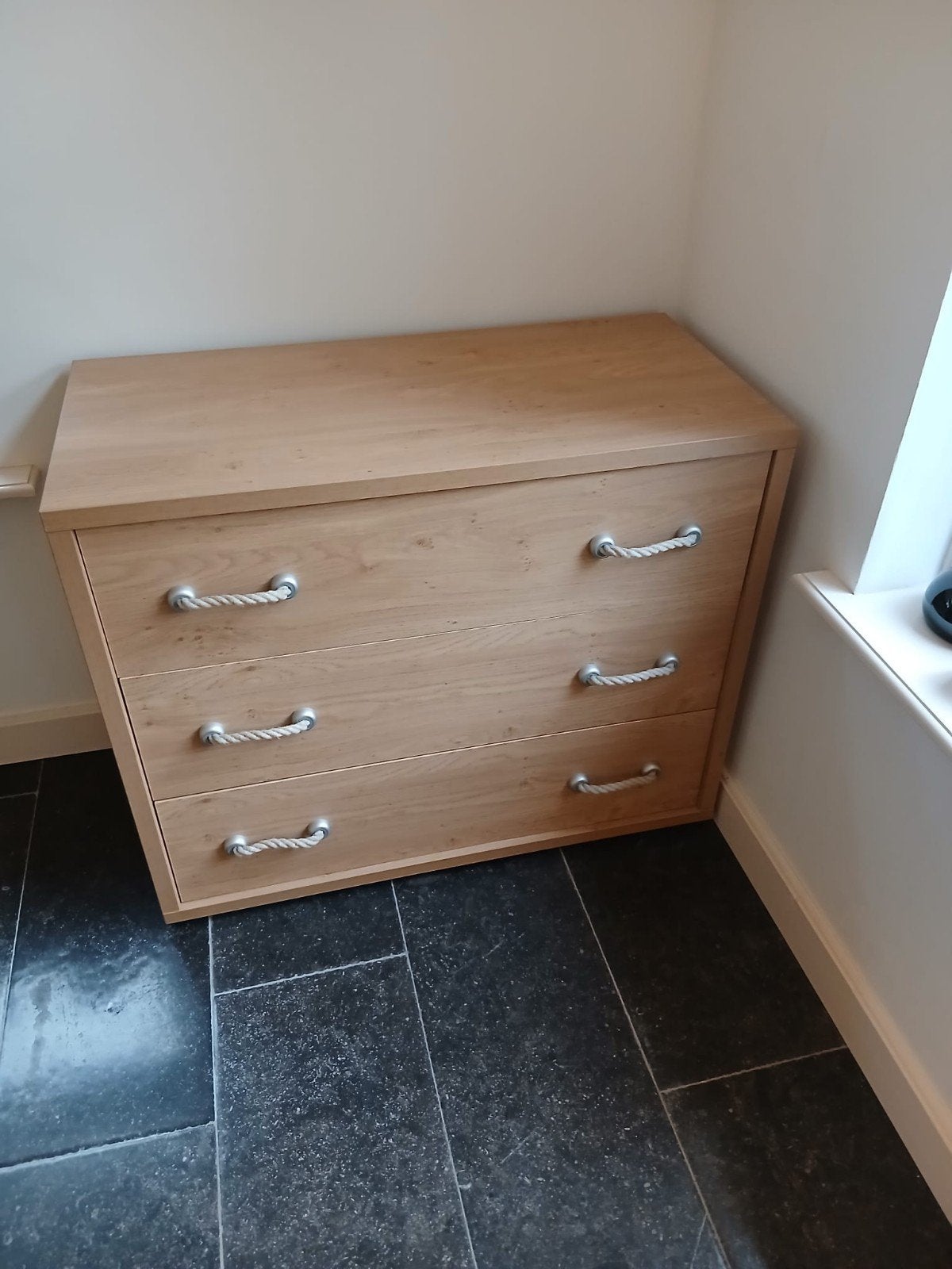 Houten ladekast/commode met 3 laden en touwgrepen, Ophalen, 50 tot 100 cm, 3 of 4 laden, Minder dan 100 cm