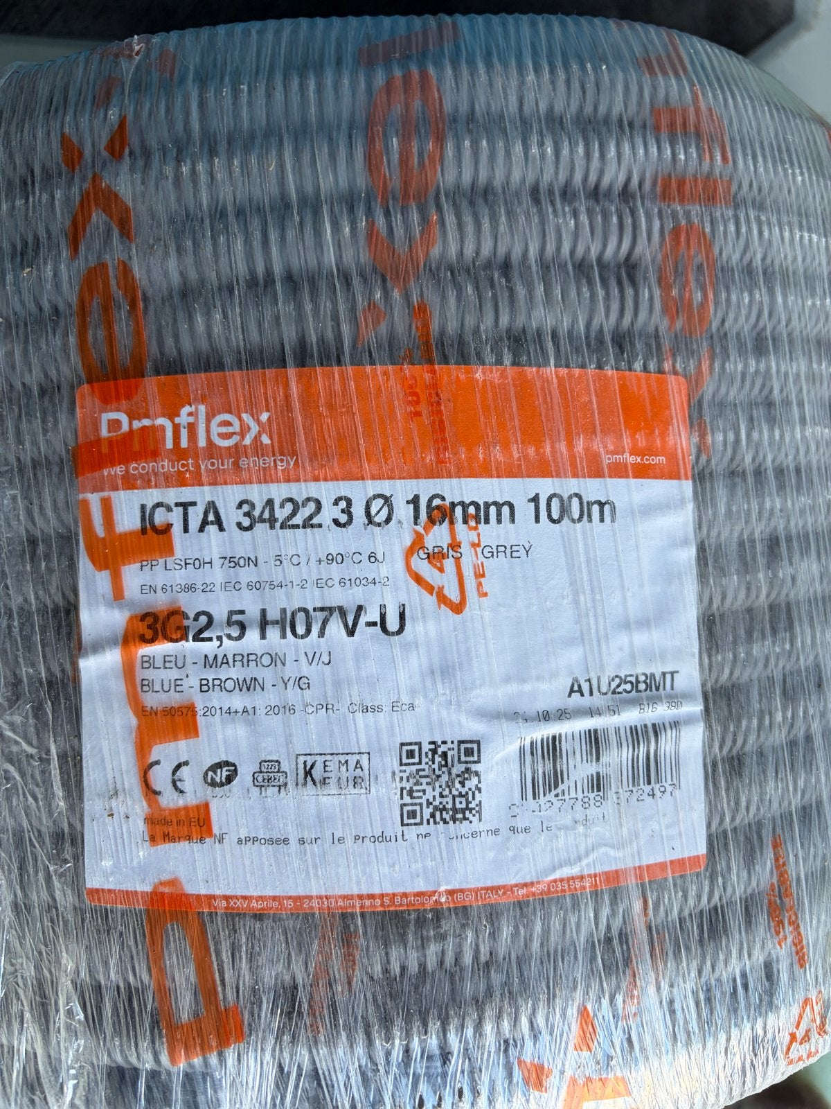 Pmflex ICTA 3422 3 Ø 16mm 100m grijs flex bedraad, Ophalen, Nieuw, Overige merken, Kabel of Snoer