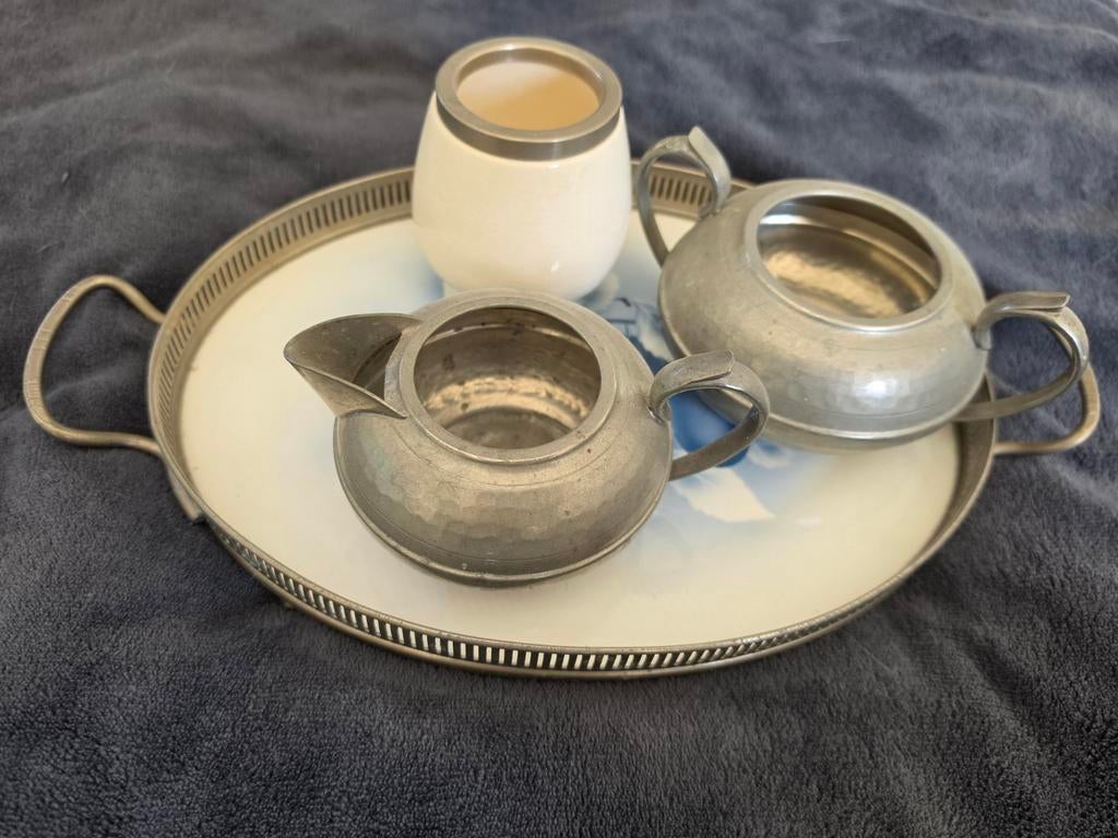 Vintage tinnen theeservies met dienblad, Hall Bros Sheffield, Ophalen of Verzenden