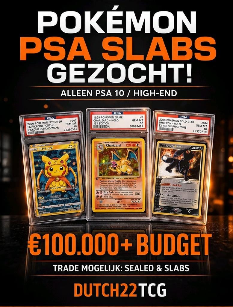 Wij zoeken oa Lovebirds, Poncho's, High-end slabs PSA10, Hobby en Vrije tijd, Verzamelkaartspellen | Pokémon, Nieuw, Overige typen