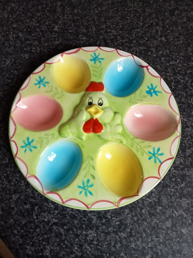 prachtig keramisch bord voor 6gevulde eieren met groen kipje, Ophalen of Verzenden