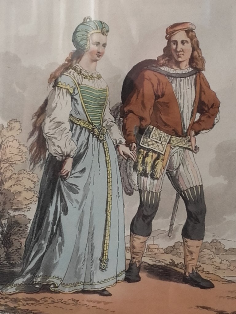 Antieke ingelijste ets uit Engeland met edelvrouw en edelman, Ophalen of Verzenden, Ets, Met tekst, 1800 - 1899