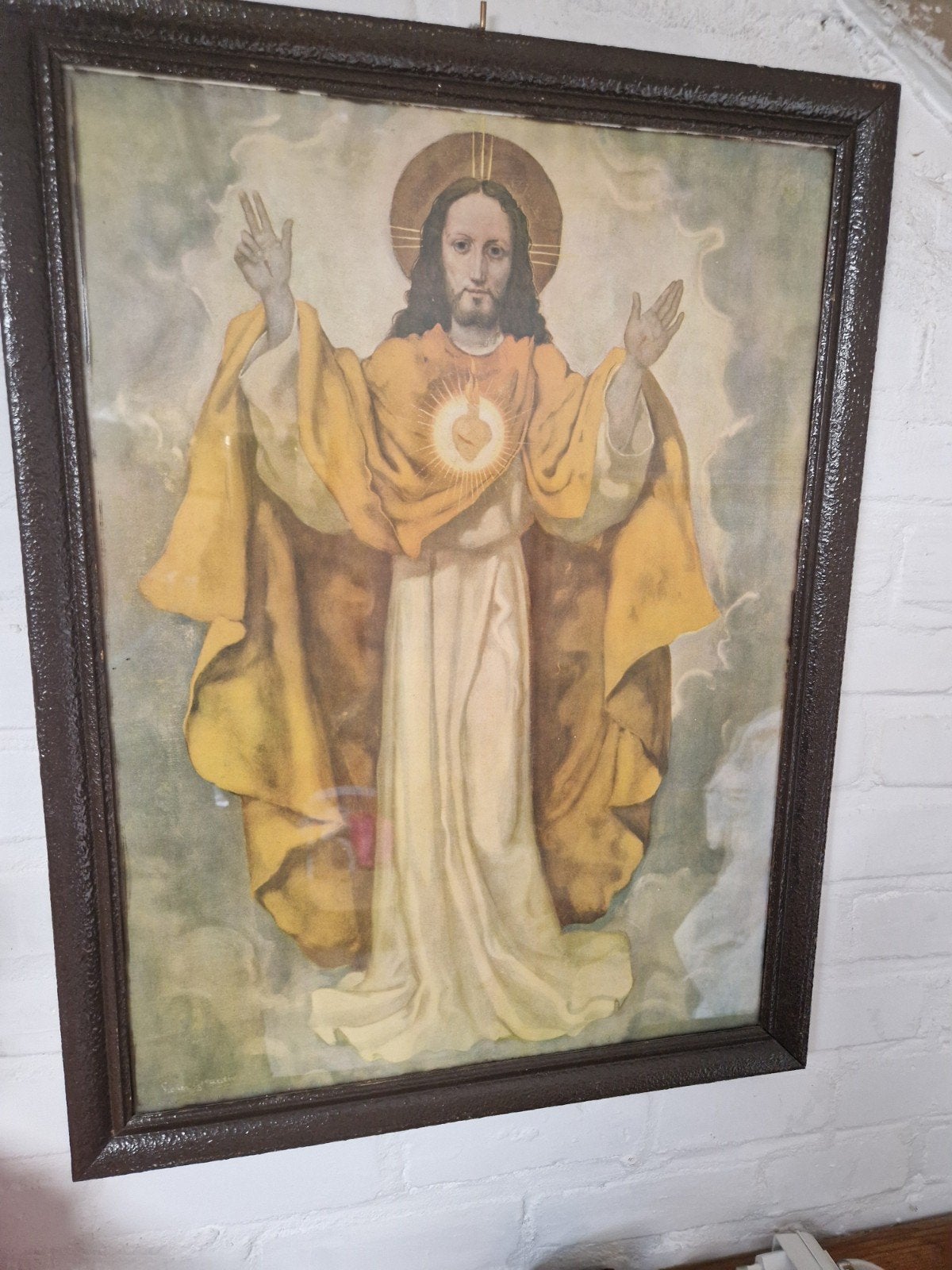 Vintage Jezus Christus Heilig Hart Print In Lijst, Antiek en Kunst, Antiek | Religie, Ophalen
