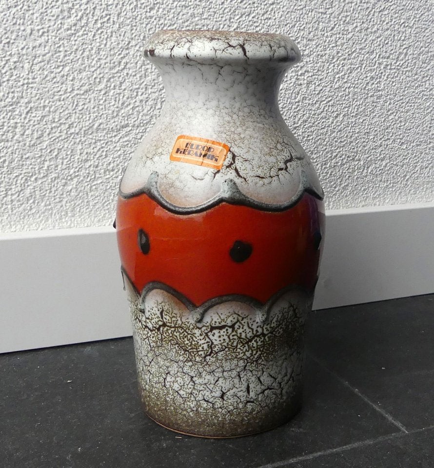 Scheurich vintage vaas 208-21 oranje wit West-Germany, Huis en Inrichting, Woonaccessoires | Vazen, Gebruikt, 21 cm, Met patroon/structuur