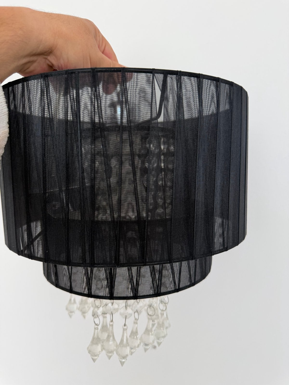Zwarte hanglamp met kristallen, gebruikt maar in goede staat, Ophalen, Gebruikt, Textiel