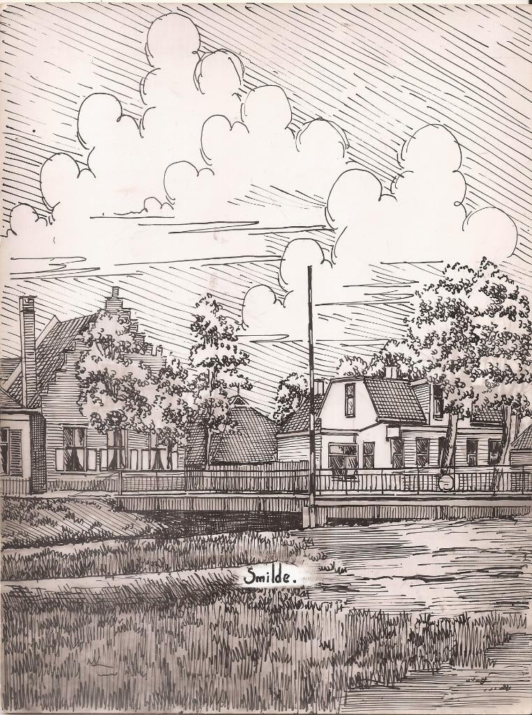 Smilde Dorpsgezicht met kanaal en brug 1948 Tekening Sievers, Ophalen of Verzenden