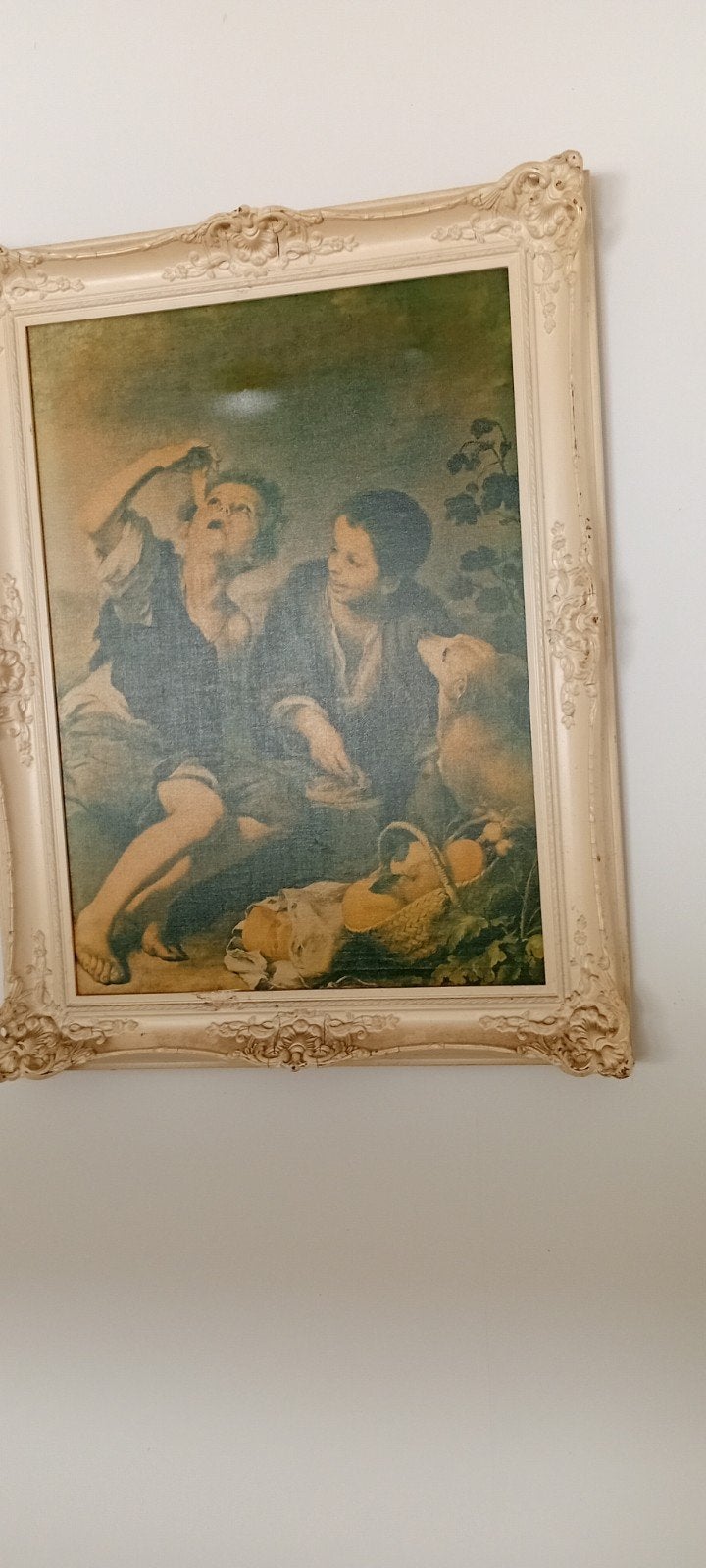 Vintage schilderij met kinderen en hond in sierlijke lijst, Ophalen of Verzenden