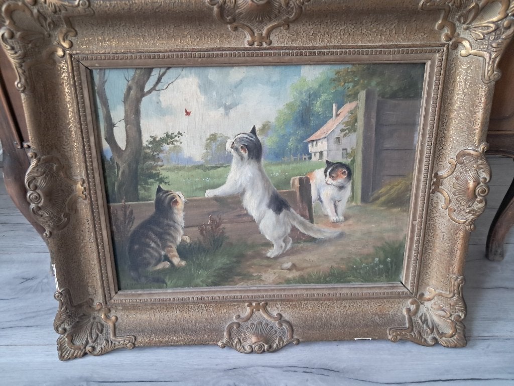 Katten schilderij, Ophalen of Verzenden, Nederlandse school, Olieverf, Dieren