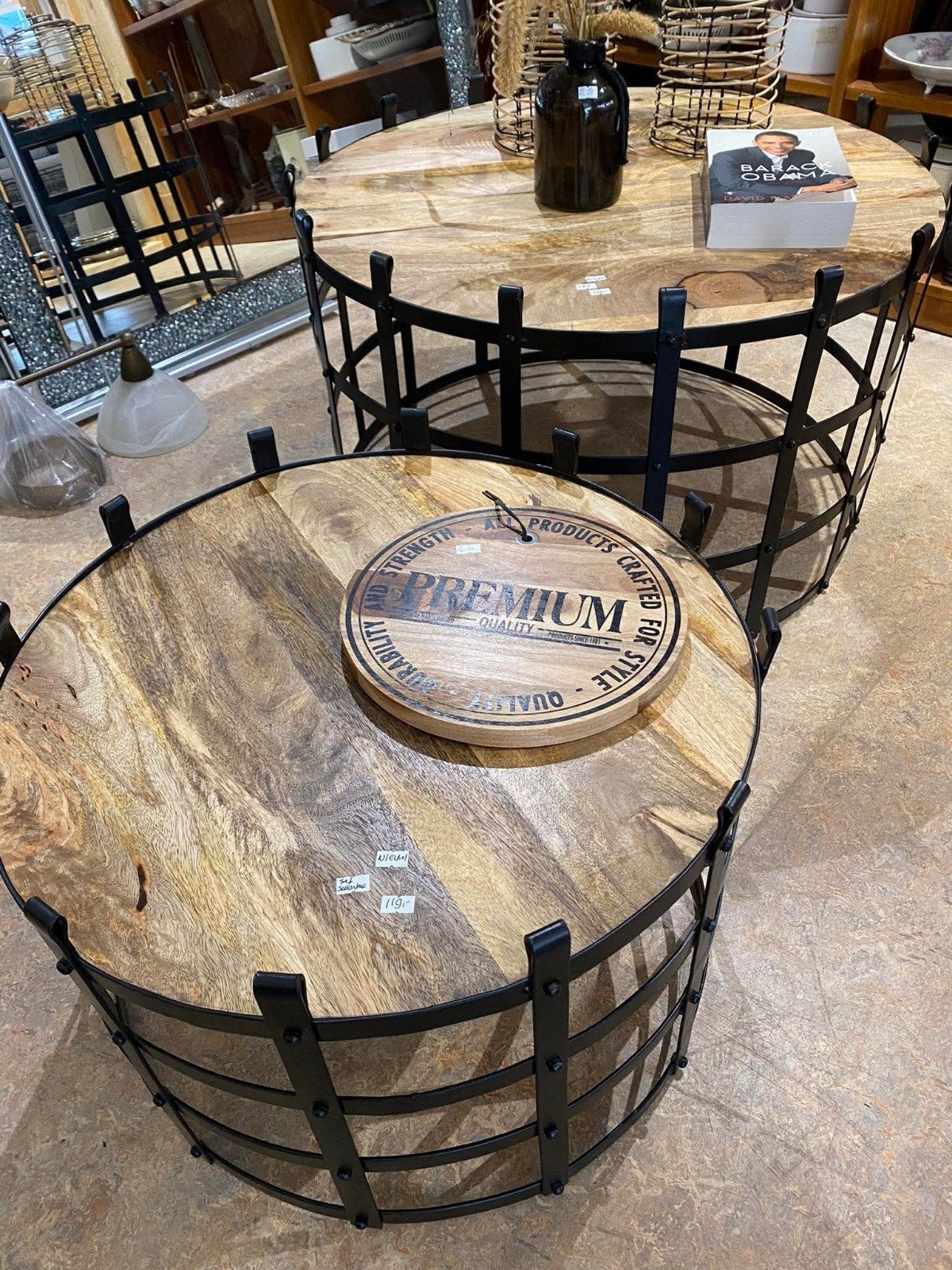 Set van 2 industriële salontafels, mangohout en metaal, Huis en Inrichting, Tafels | Salontafels, Ophalen, 50 tot 100 cm, Rond