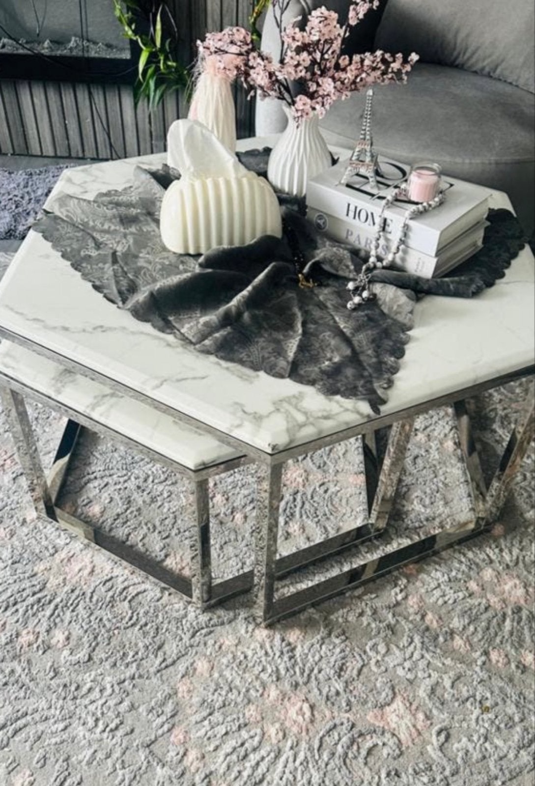 Set van 2 zeshoekige salontafels met marmerlook, Huis en Inrichting, Ophalen, 50 tot 100 cm, Zo goed als nieuw, Metaal