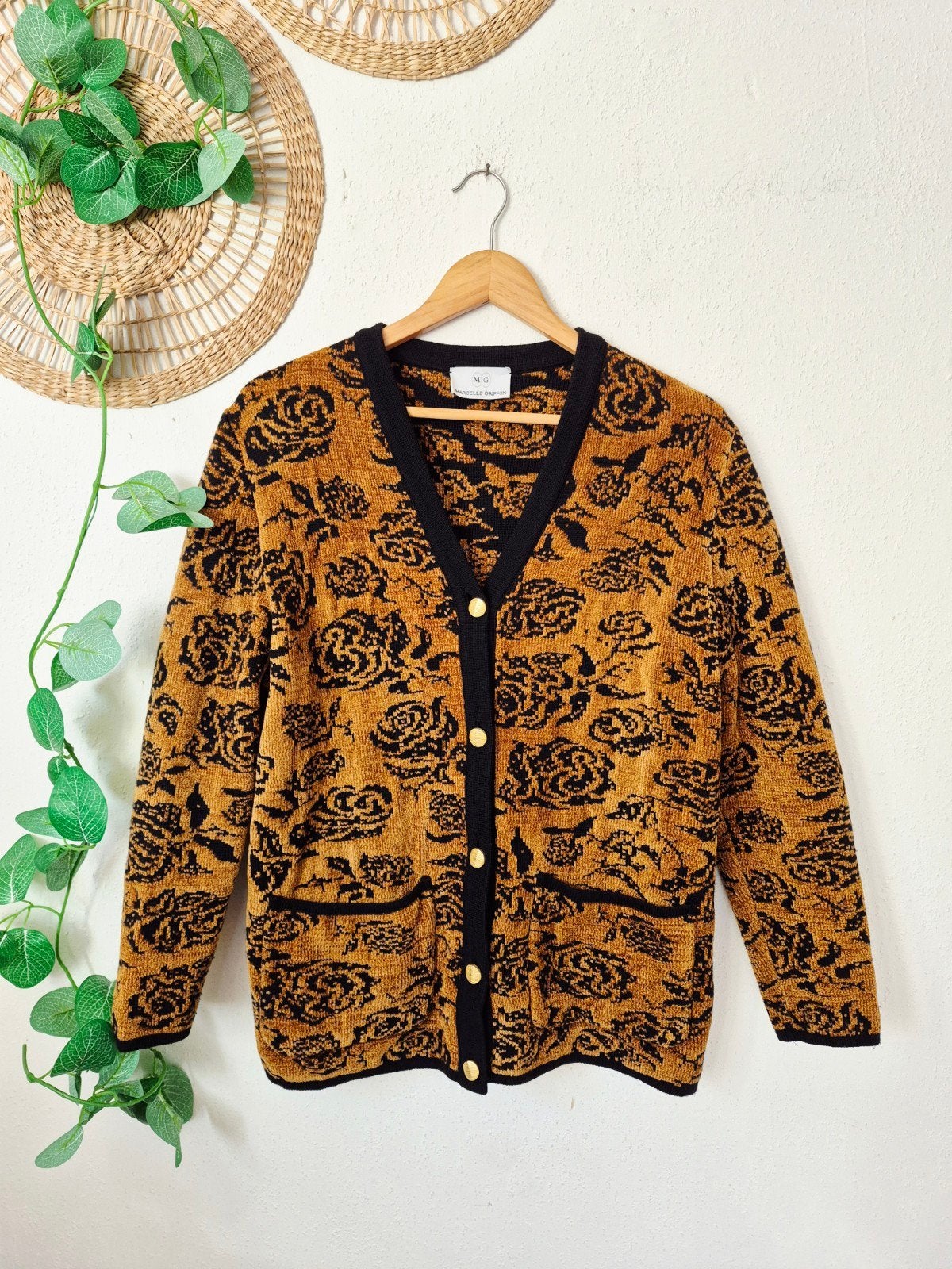 Vintage chenille/wollen vest met rozenprint M, Vintage, Verzenden, Zo goed als nieuw, Maat 38/40 (M)