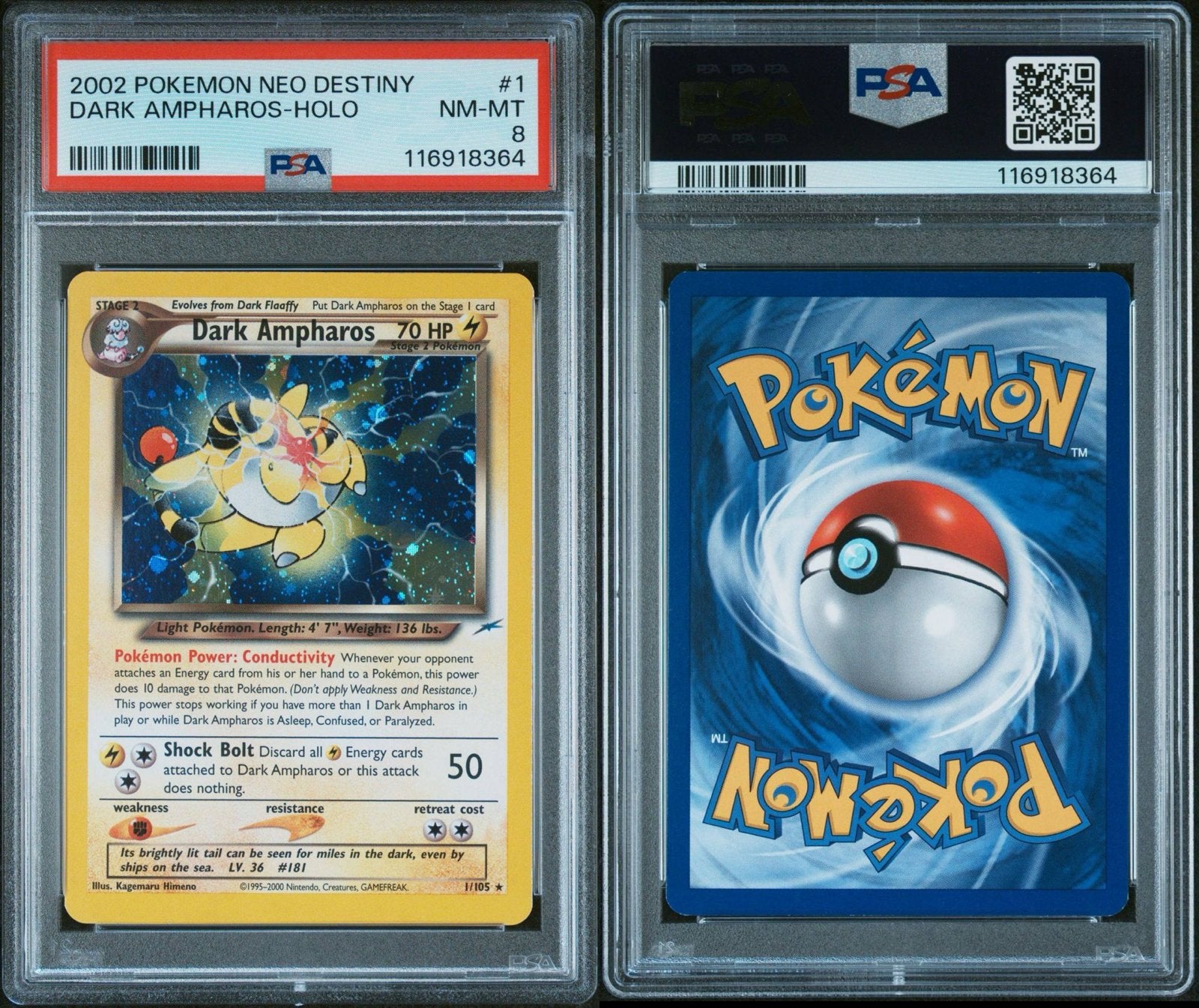 Dark Ampharos | Neo Destiny | Holo | PSA8 Near Mint, Ophalen, Zo goed als nieuw, Losse kaart, Foil