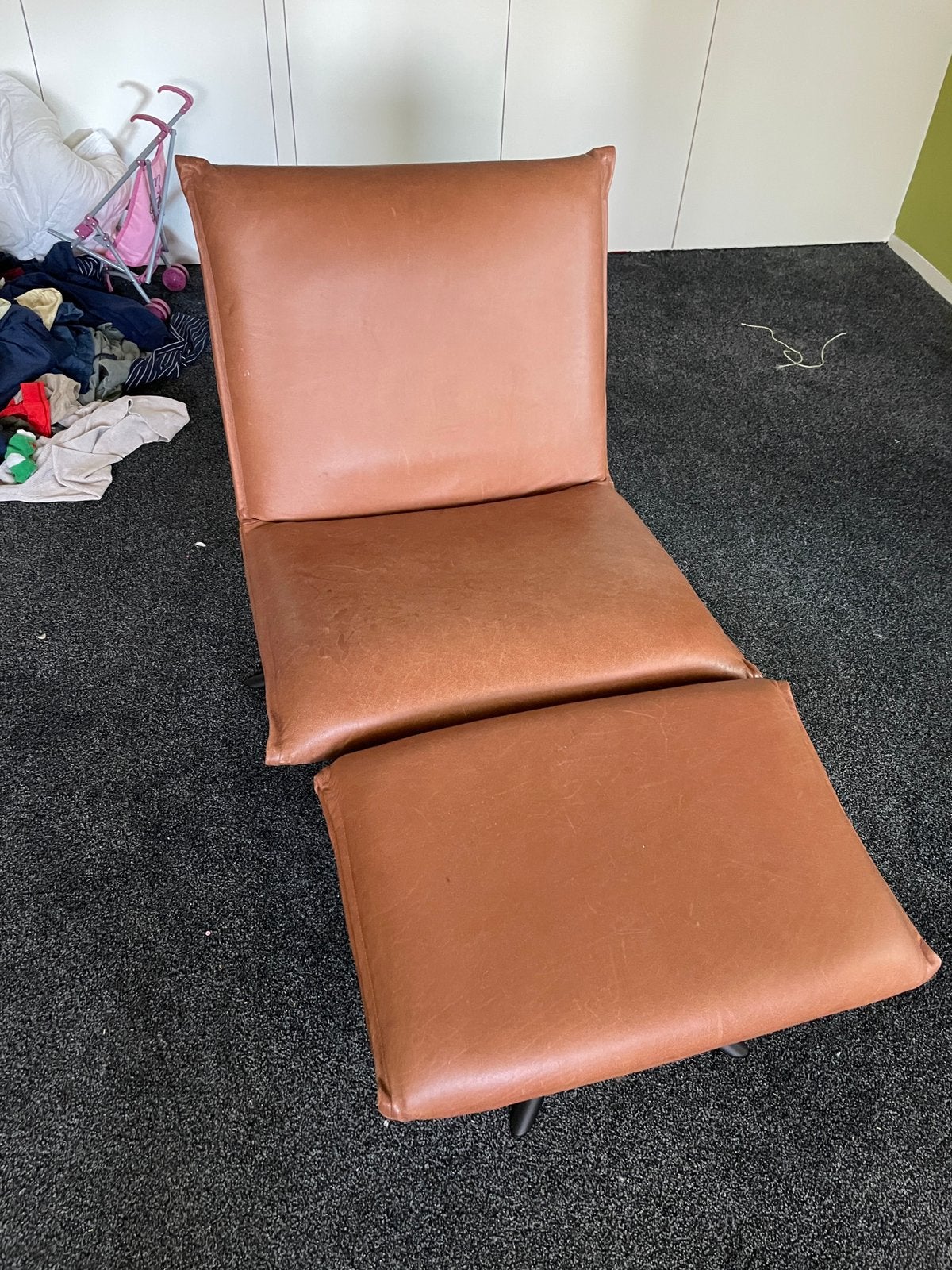 Lederen fauteuil en hocker van Goossens, Ophalen, Gebruikt, Eenpersoons, Minder dan 150 cm