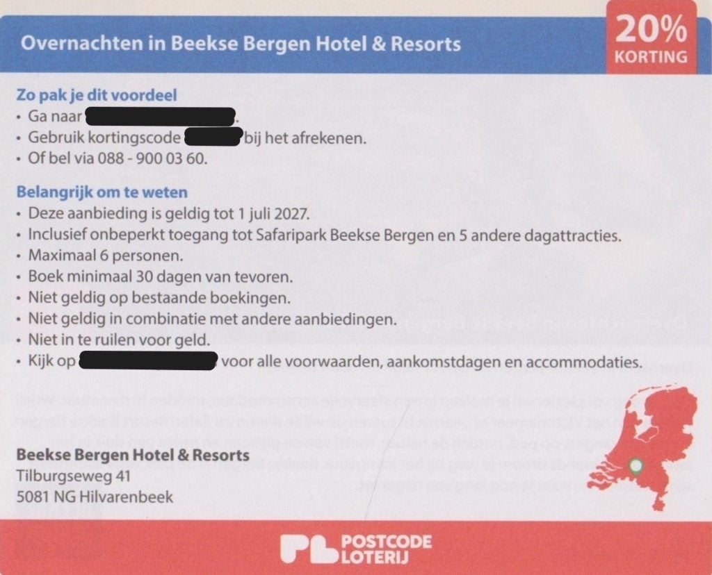 Beekse Bergen Hotel & Resorts. 20% korting. Postcode bon., Tickets en Kaartjes, Hotelbonnen, Drie personen of meer, 3 overnachtingen of meer