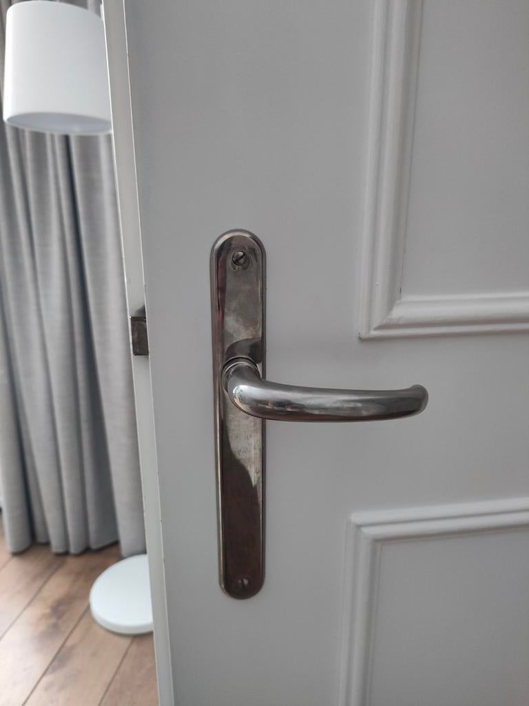 Nikkel deurklinken set met deur platen., Ophalen of Verzenden, Gebruikt, Overige materialen, Klink of Kruk