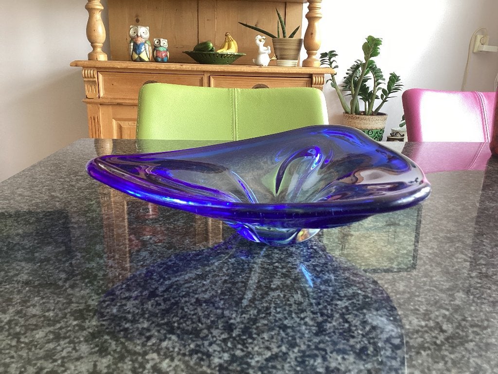 Glaskunst, schaal, kobaltblauw, mondgeblazen, vintage, Ophalen