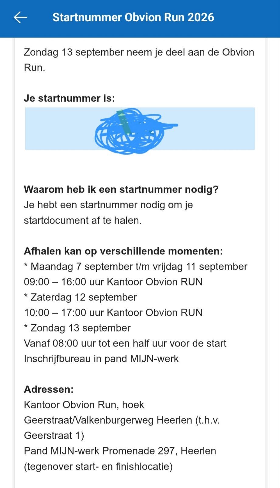 obvion 10km startnummer aangeboden, Tickets en Kaartjes, Eén persoon