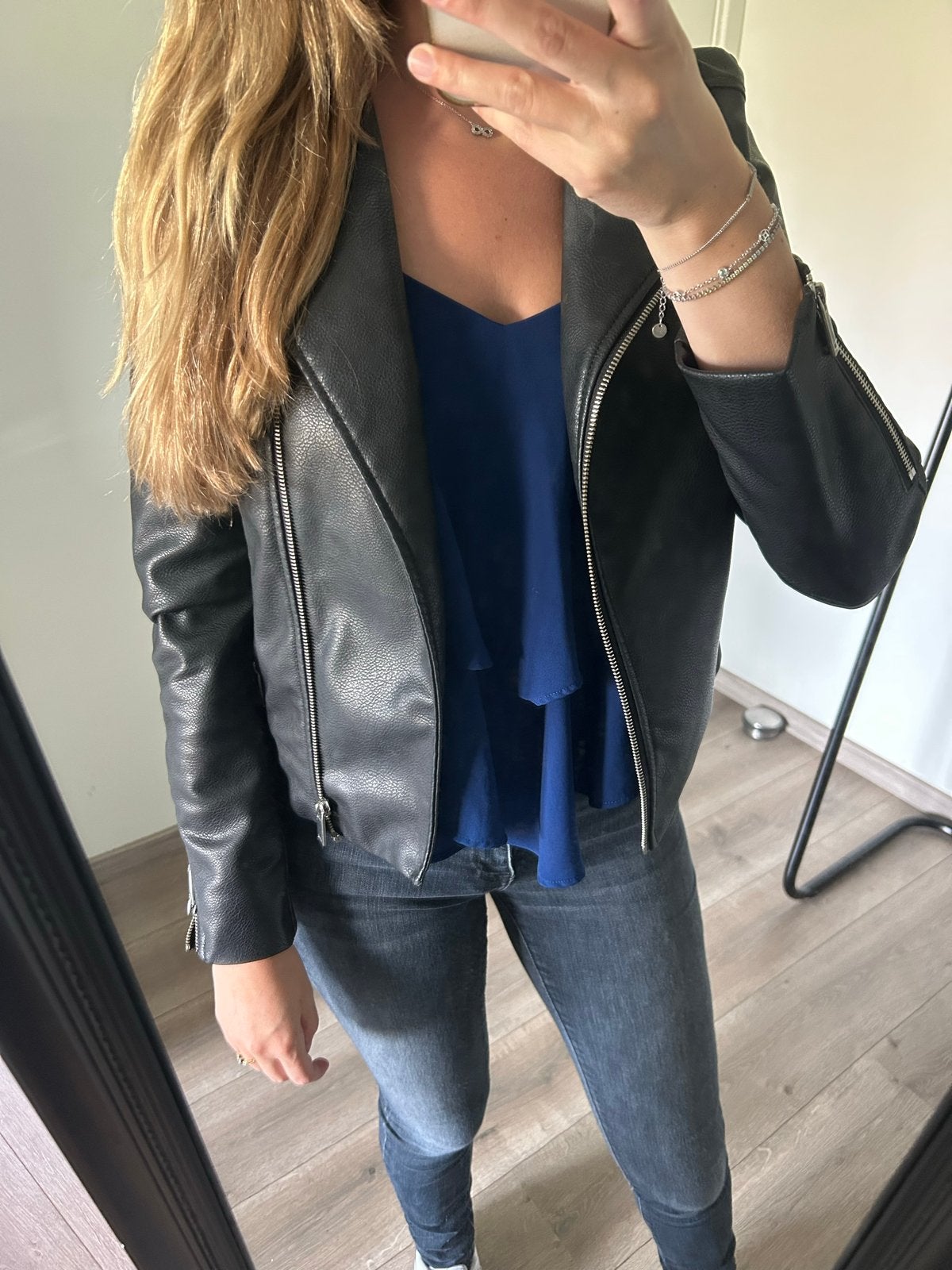 Zwarte leren bikerjack van H&M, maat 34, Ophalen of Verzenden, Zo goed als nieuw, Maat 34 (XS) of kleiner, Zwart