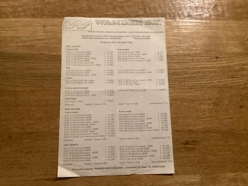 Opel Prijslijst Oktober 1976 - Zeldzaam Document, Ophalen of Verzenden, Gelezen, Opel