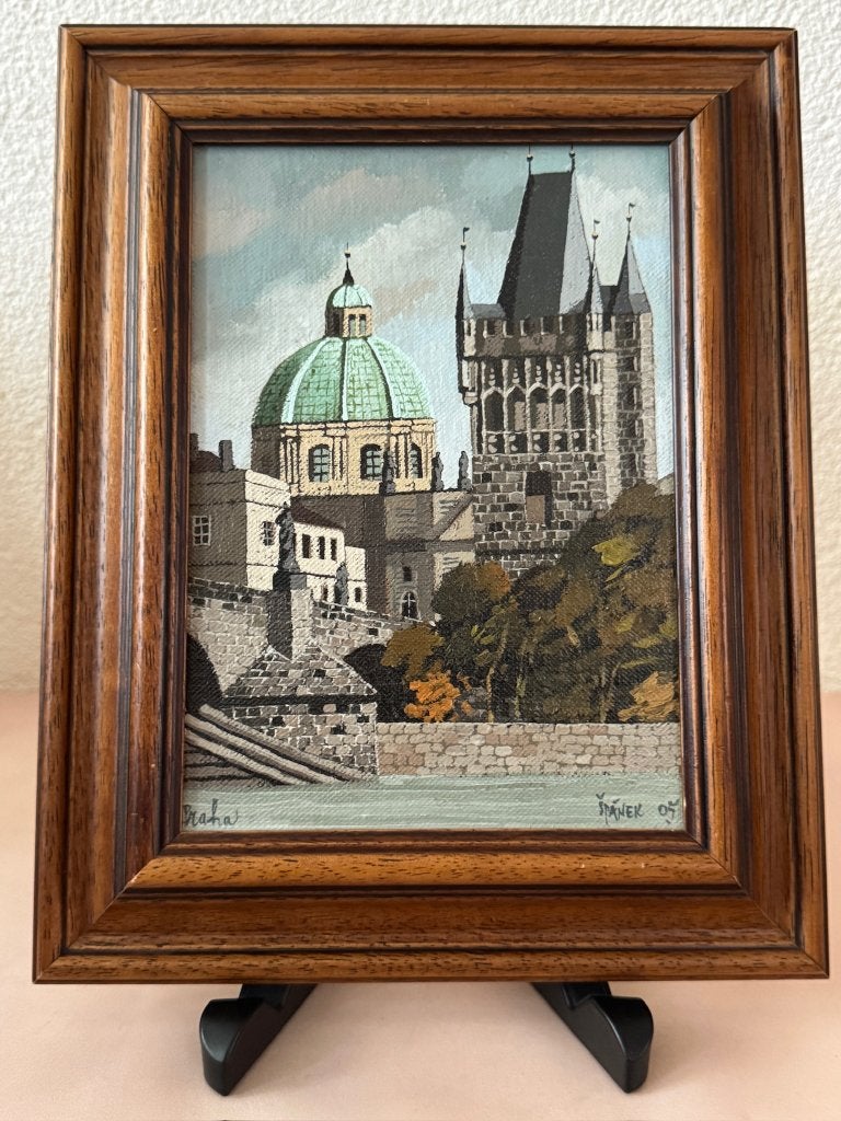Schilderij Praag Karelsbrug Oude Stadsbrugtoren, Antiek en Kunst, Paneel, Realistisch, Bijzondere lijst, Ophalen of Verzenden
