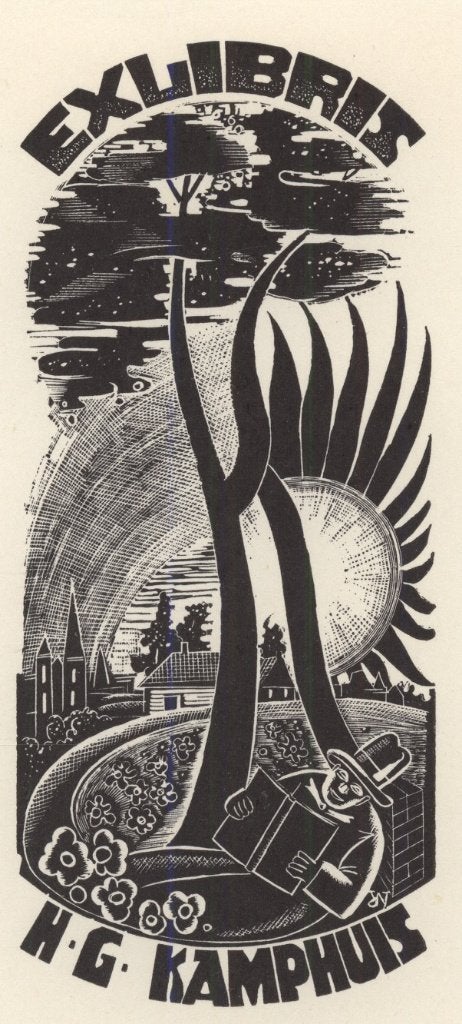 0384 Ex Libris Nederland : Cor de Wolff, 1943, Antiek en Kunst, Kunst | Etsen en Gravures, Verzenden, Ex libris
