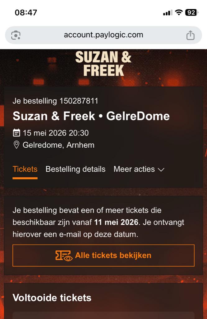 Susan & Freek, 2 veldplaatsen 15 mei Gelredome, Tickets en Kaartjes, Twee personen
