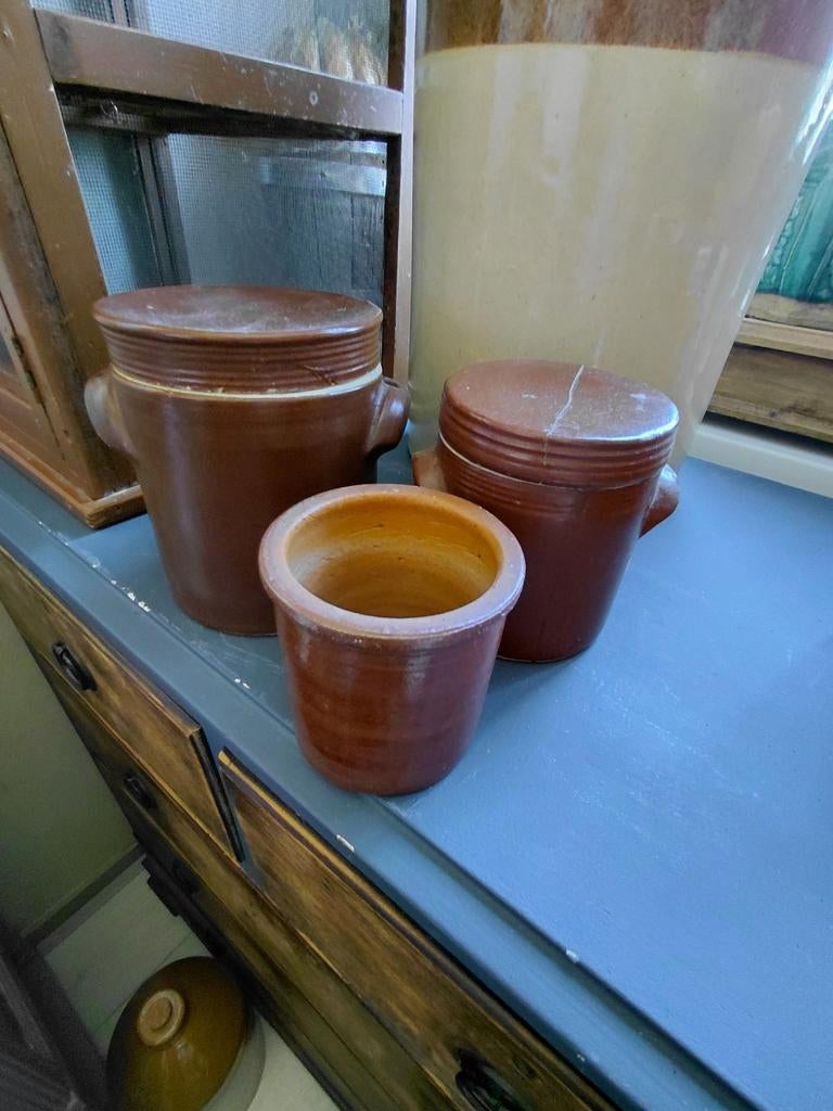 Set brocante gres potten en mosterpotje, Ophalen