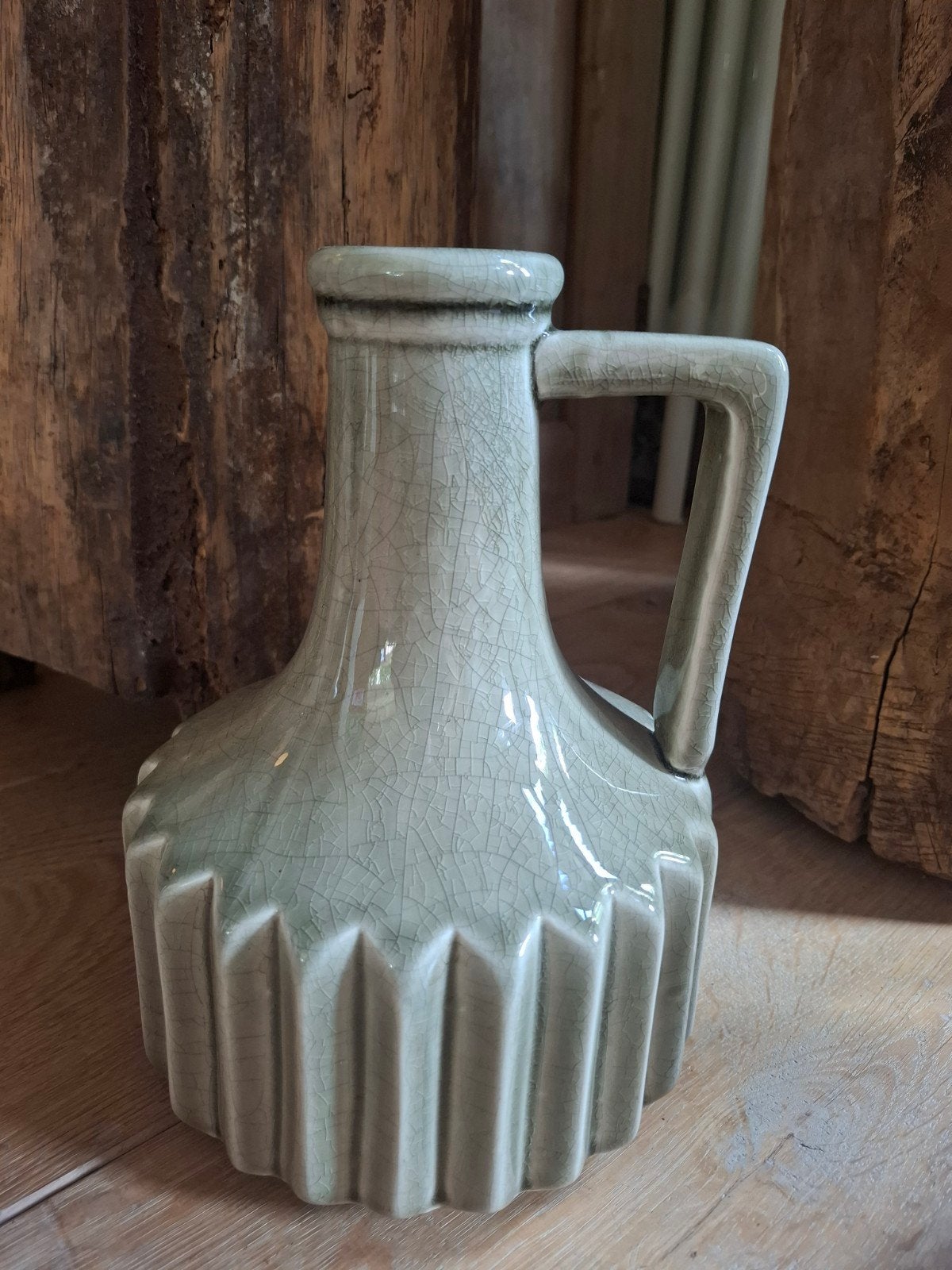 Vintage Groene Craquelé Keramische Vaas met Handvat, Ophalen of Verzenden, Met handvat