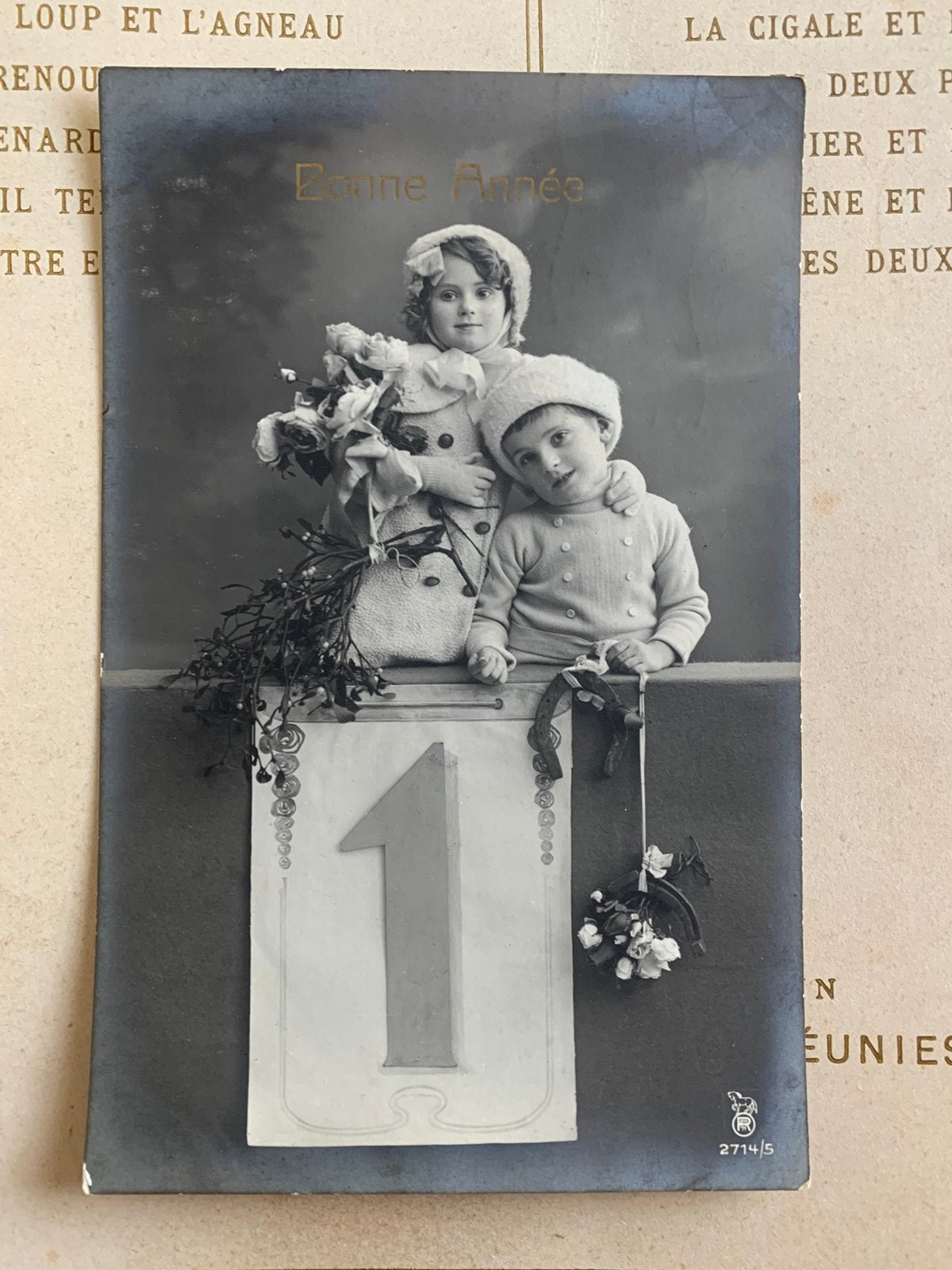 1-1-1912 Bonne Année - getal 1, maretak, hoefijzer (II), Ophalen of Verzenden, Voor 1920, Gelopen, Feest(dag)