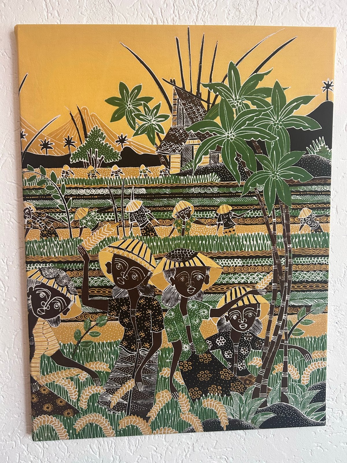 Handgemaakte authentieke Indonesische batik kunst op canvas, Handgeschilderd, Overige technieken, Textiel, Landschap