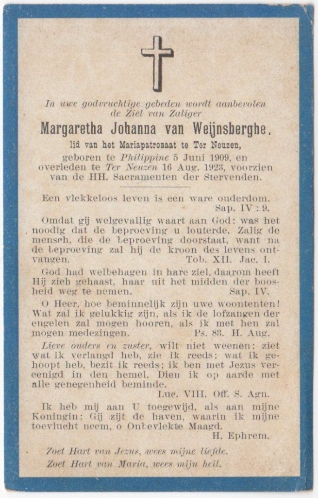 Margaretha van Weijnsberghe 1909 Philippine + 1923 Terneuzen, Ophalen of Verzenden