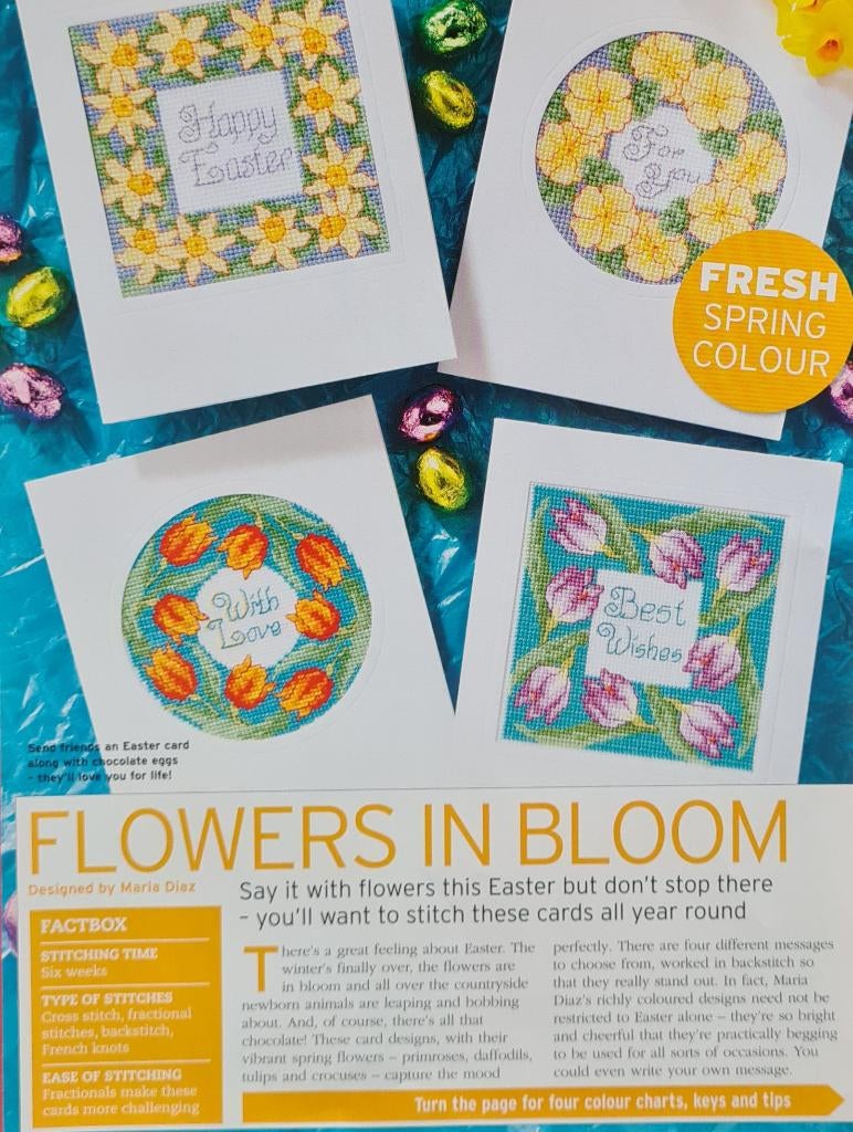 Borduurpatronen (4) bloemen in bloei om bv Paaskaarten maken, Ophalen, Nieuw, Handborduren, Patroon