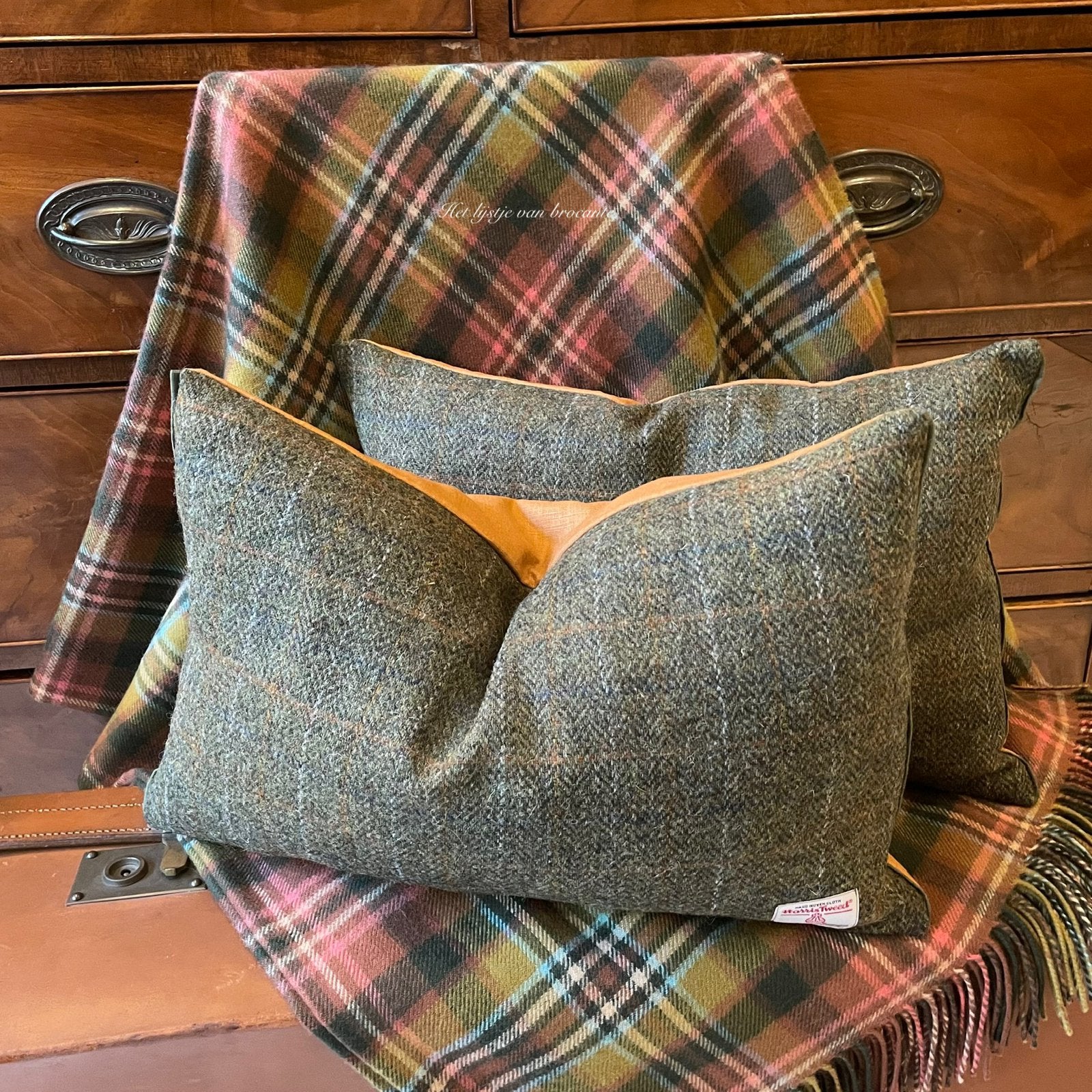 Handgemaakte kussen set Harris Tweed Green Check, Huis en Inrichting, Westdijk 41 3241 GT Middelharnis, Info@lijstjevanbrocante.nl