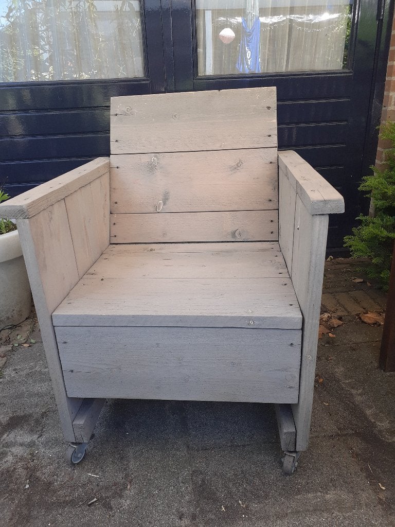 Steigerhouten Tuinstoelen met Wieltjes en Kussens, Ophalen, Gebruikt, Hout