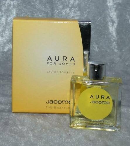 Volle parfum mini Jacomo aura + Doosje, Ophalen of Verzenden, Zo goed als nieuw, Miniatuur, Gevuld