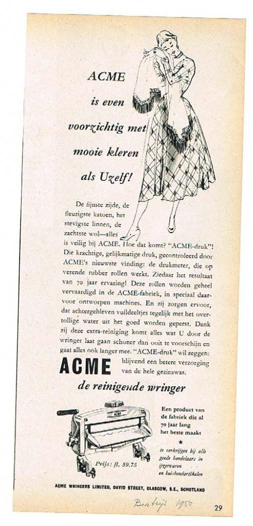 Acme Wringer - advertentie uit Tijdschrift 1950, Verzamelen, Tijdschriften, Kranten en Knipsels, Ophalen of Verzenden, 1940 tot 1960