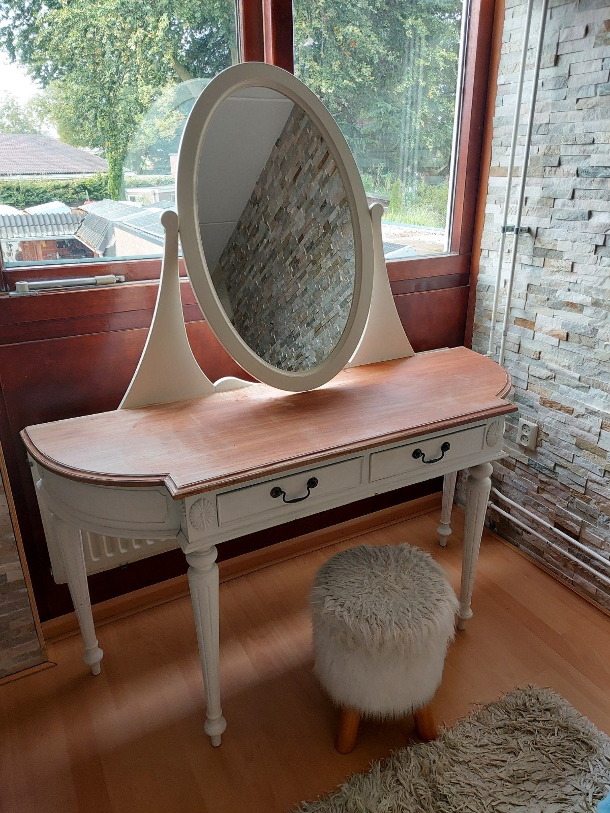 Vintage kaptafel met spiegel en lades en kruk, Ophalen, Gebruikt, 100 tot 150 cm, 100 tot 150 cm