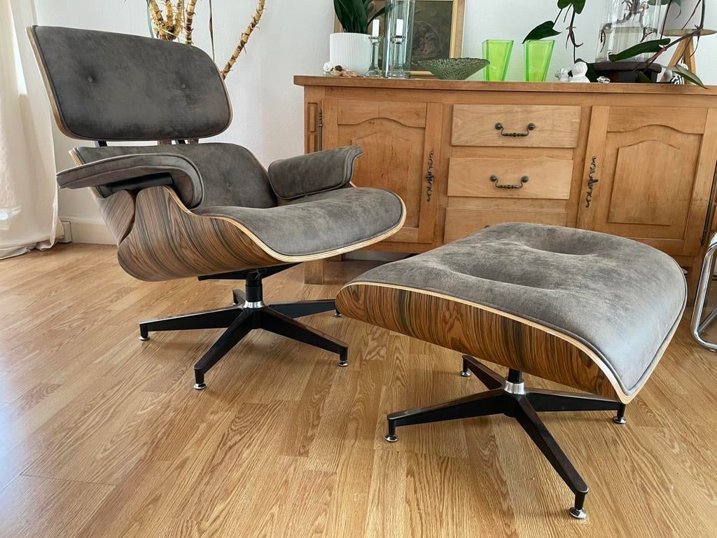 Lounge Chair + Ottoman, Walnoot/Grijs, in de stijl van Eames, Ophalen, Gebruikt, Eenpersoons, 75 tot 100 cm