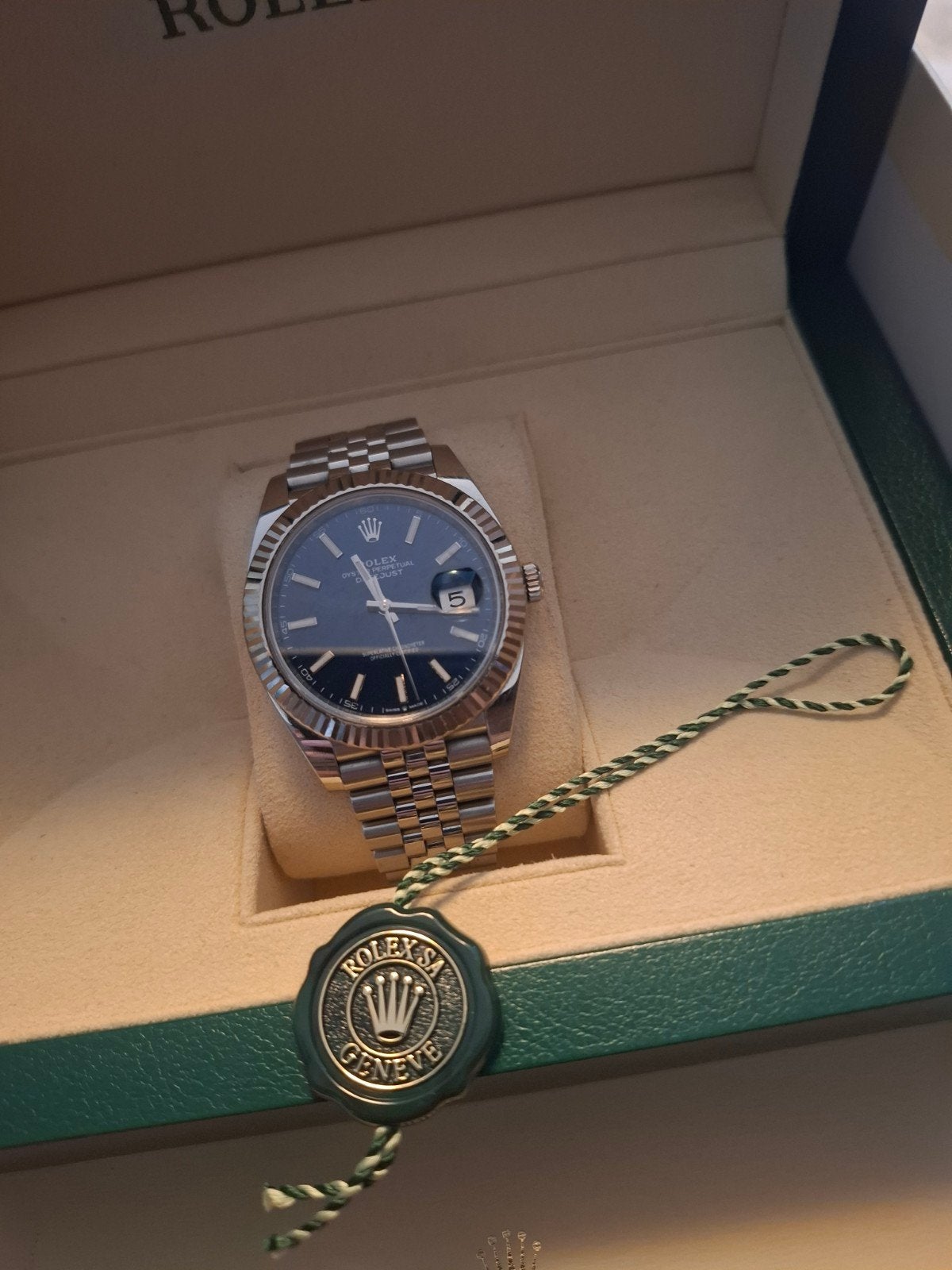 rolex datejust jubilee band blue dial 41mm full set, Ophalen, Zo goed als nieuw, Staal, Rolex