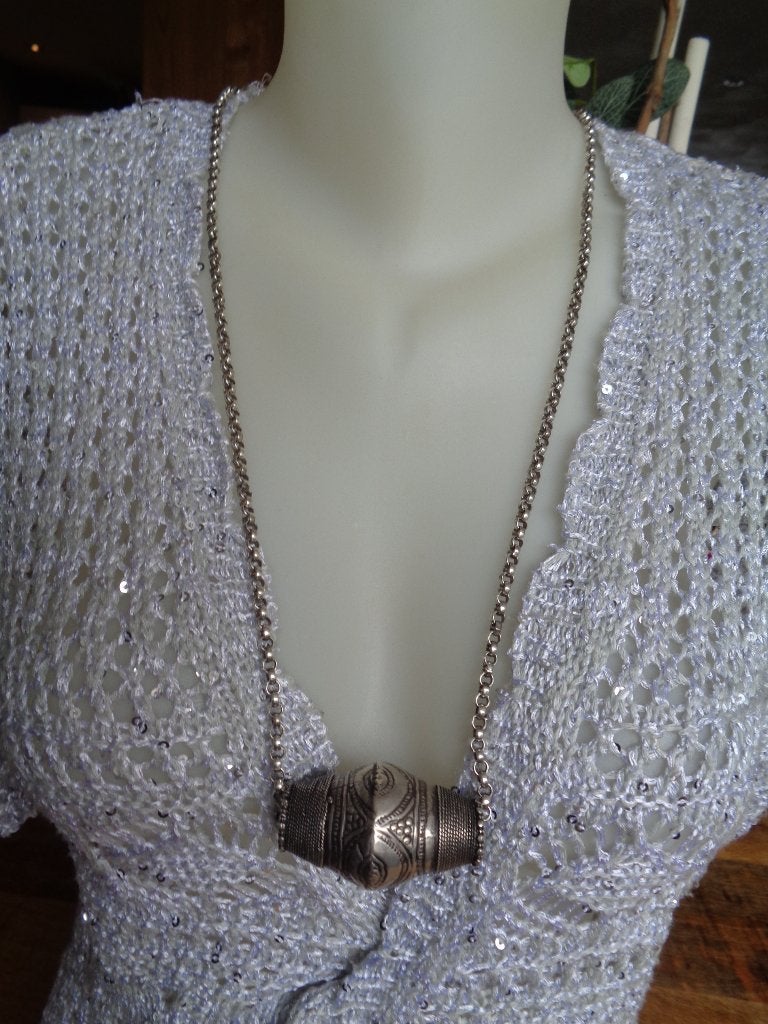zilveren jasseron ketting met grote Afgaanse kraal [398], Sieraden, Tassen en Uiterlijk, Met hanger, Verzenden, Zo goed als nieuw