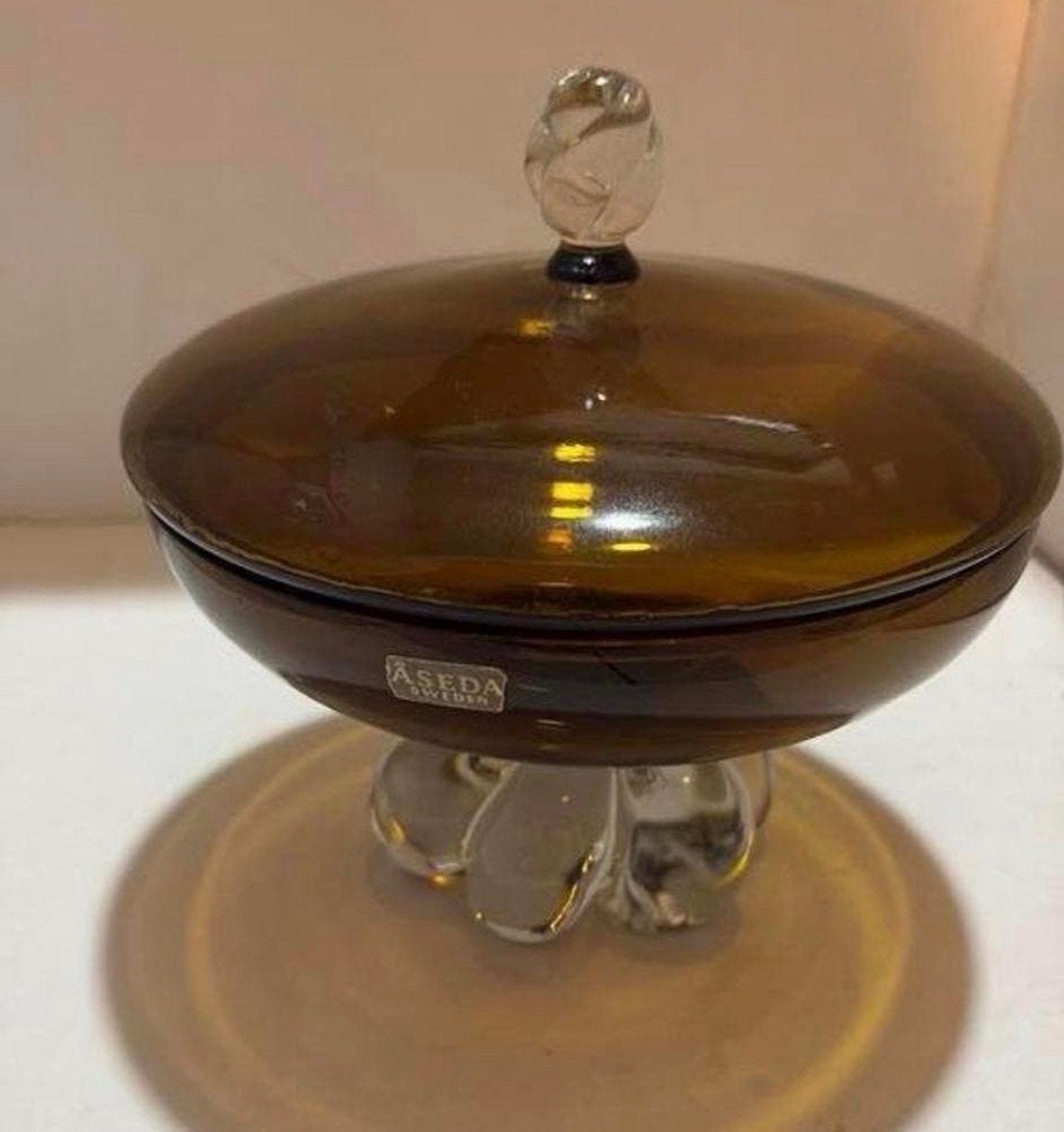 Vintage Åseda Glasbruk Bonbonnière Amberkleurig Glas, Ophalen of Verzenden