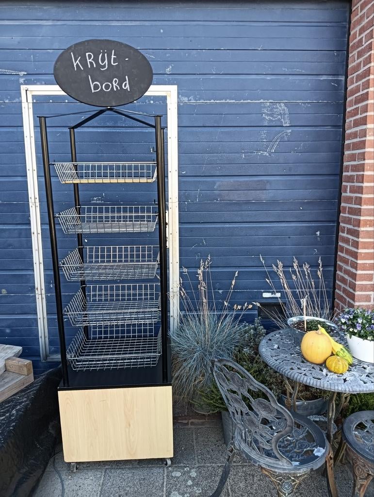 Verstelbaar Presentatierek met Mandjes ,Krijtbord op Wielen, Huis en Inrichting, Ophalen