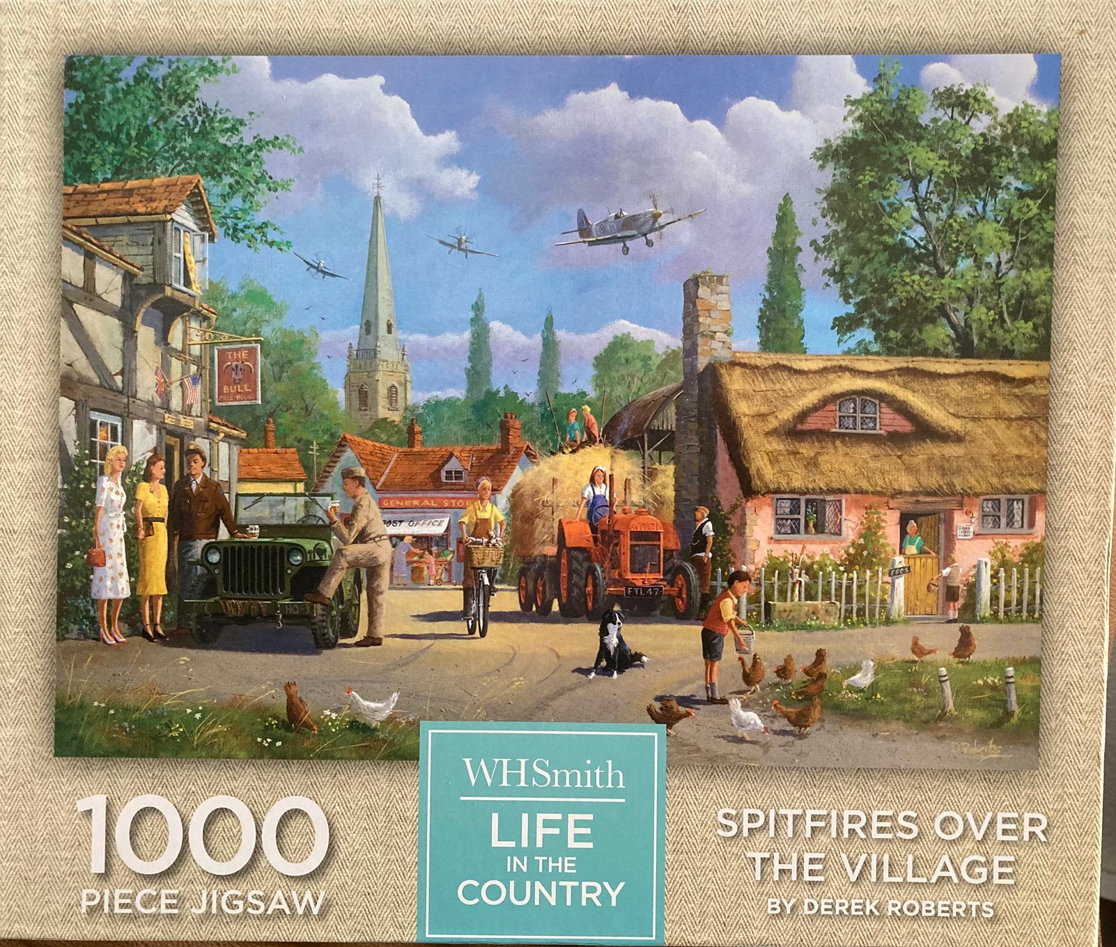 WHSmidt 1000🧩Spitfires Over The Village, Hobby en Vrije tijd, Ophalen of Verzenden, 500 t/m 1500 stukjes, Zo goed als nieuw, Legpuzzel