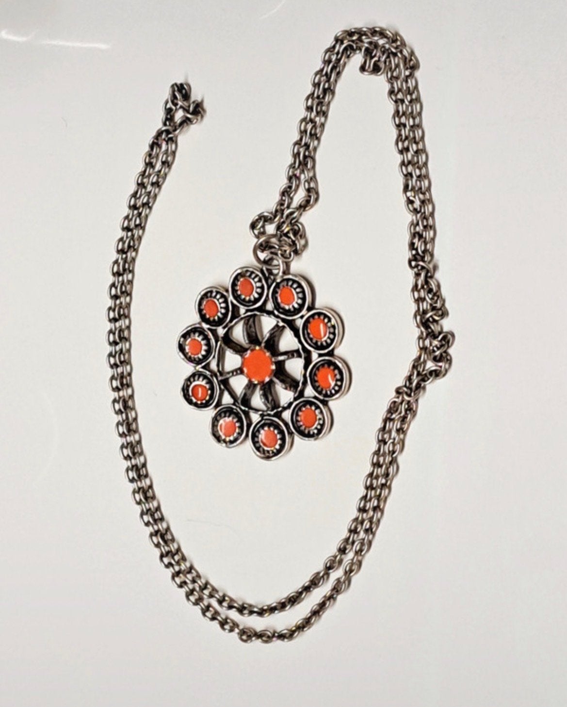 Vintage Alpaca Mexico Statement Ketting - Rood Koraal Lucite, Overige materialen, Gebruikt, Ophalen of Verzenden, Met edelsteen