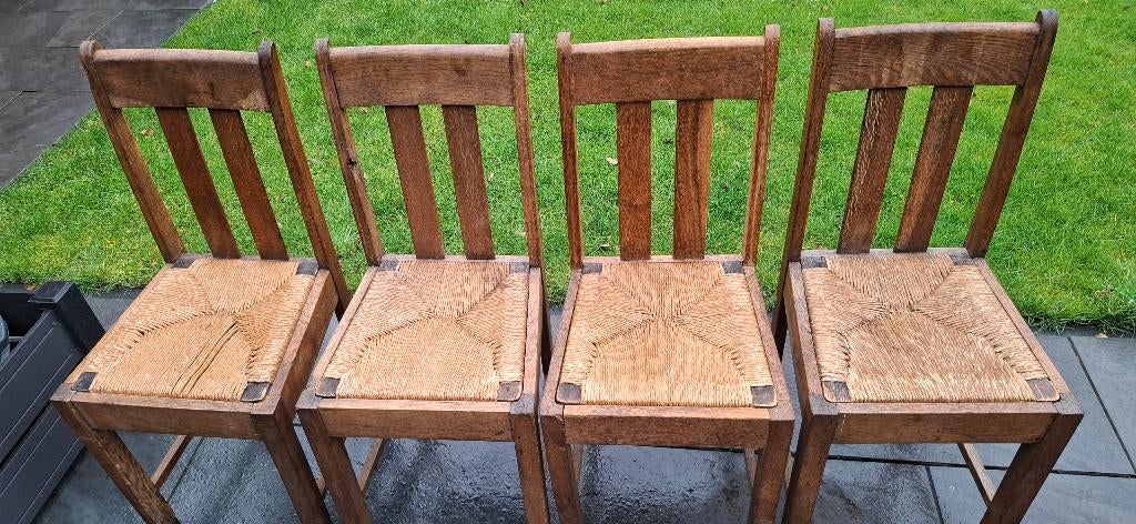 4 Antieke Eiken Stoelen –gevlochten Rieten Zitting – Vintage, Ophalen