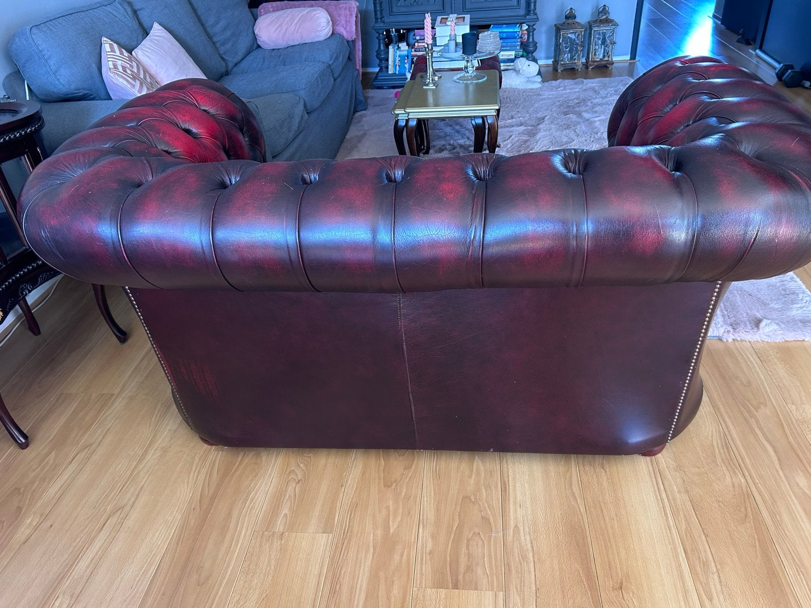 Chesterfield tweezitsbank - Klassiek rood leer, Ophalen, Gebruikt, 150 tot 200 cm, Tweepersoons