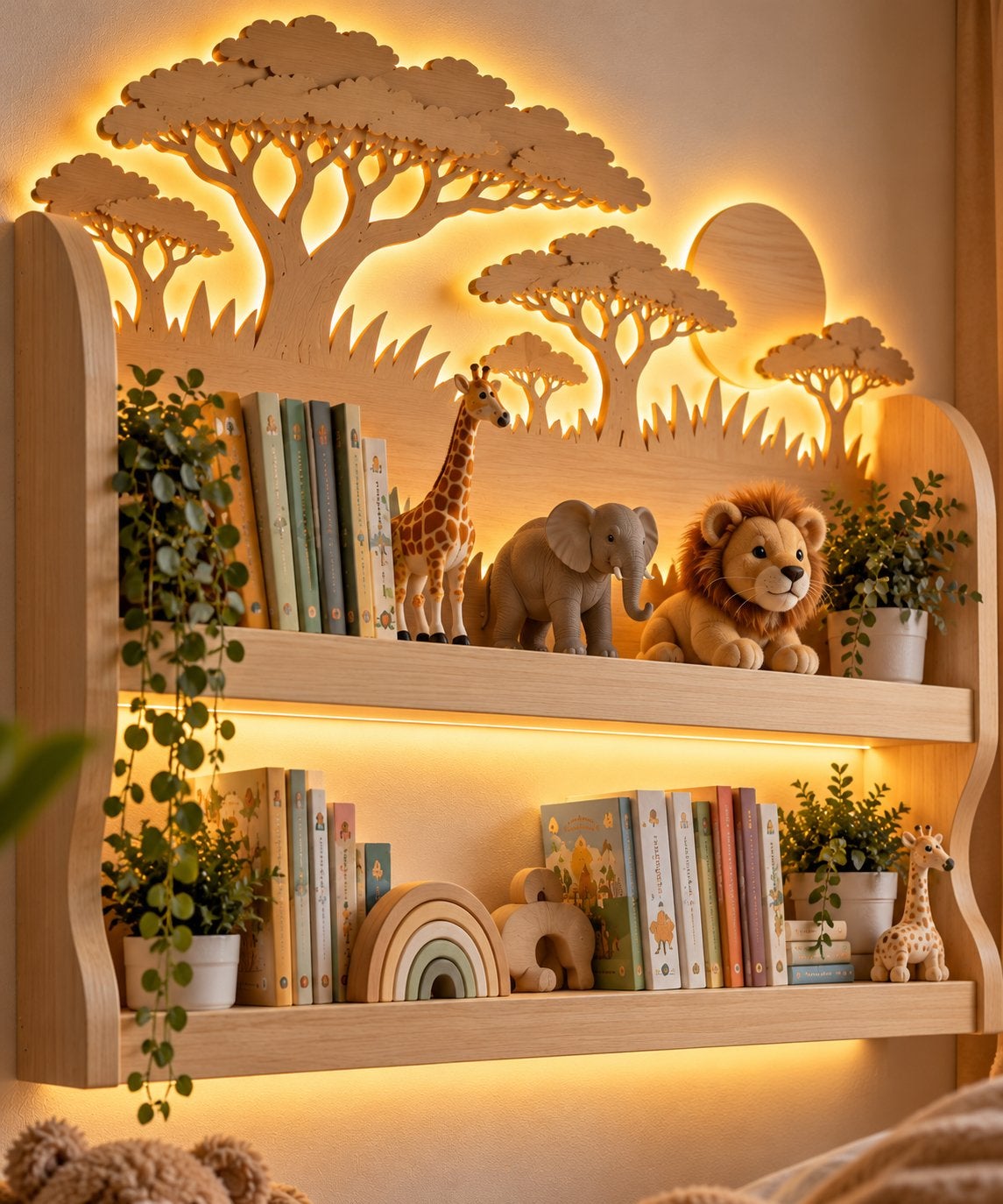 Kinderkamer Boekenplank met LED Verlichting - Safari Thema, Beige, Overige merken, Nieuw, Ophalen of Verzenden