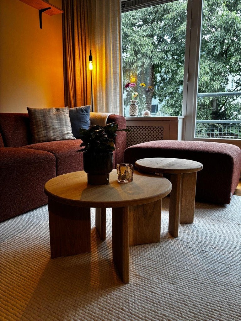 Set salontafels massief eiken (rond), Ophalen, 50 tot 100 cm, Nieuw, 50 tot 100 cm