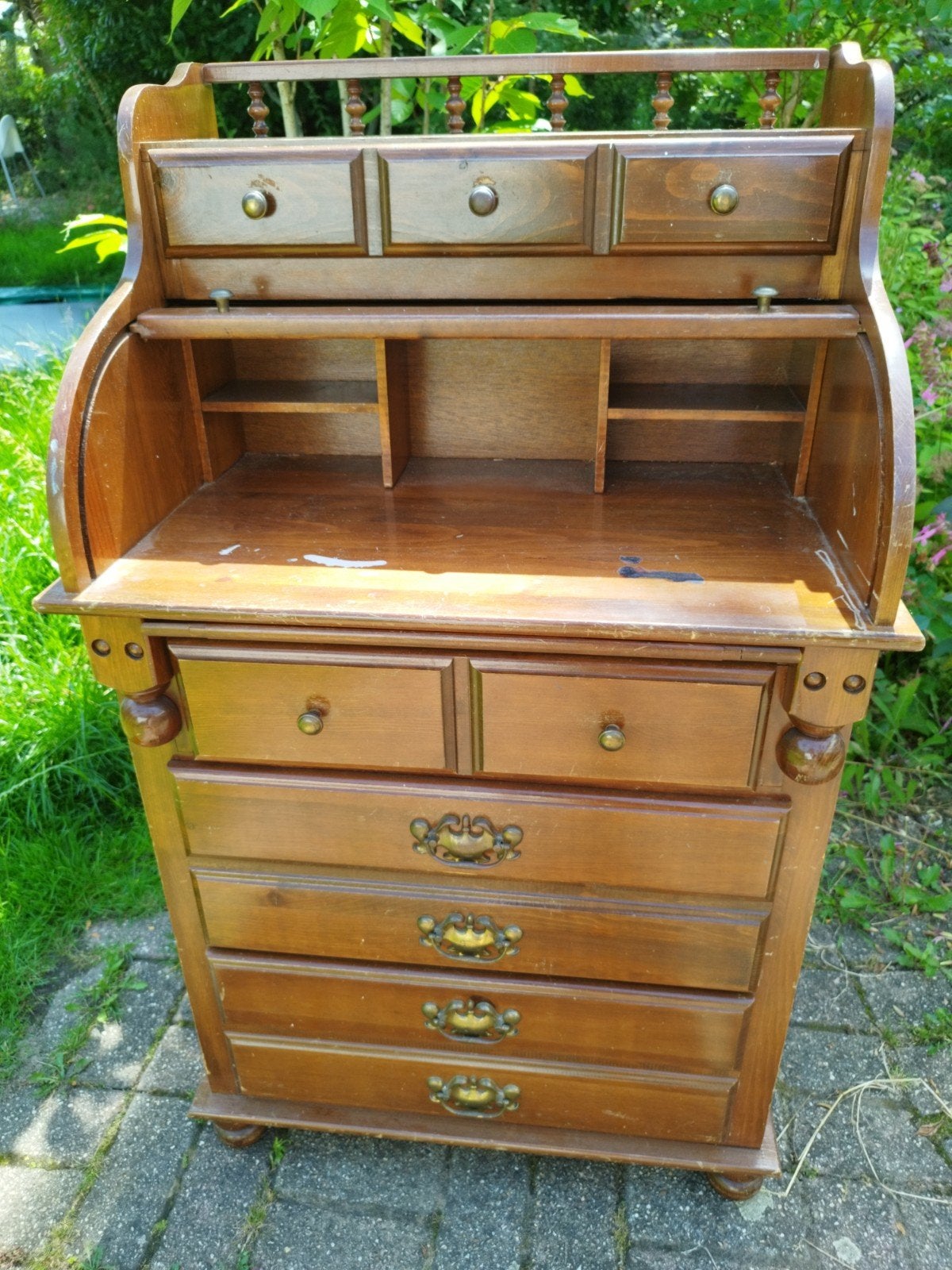Vintage houten secretaire met rolluik en lades, Ophalen